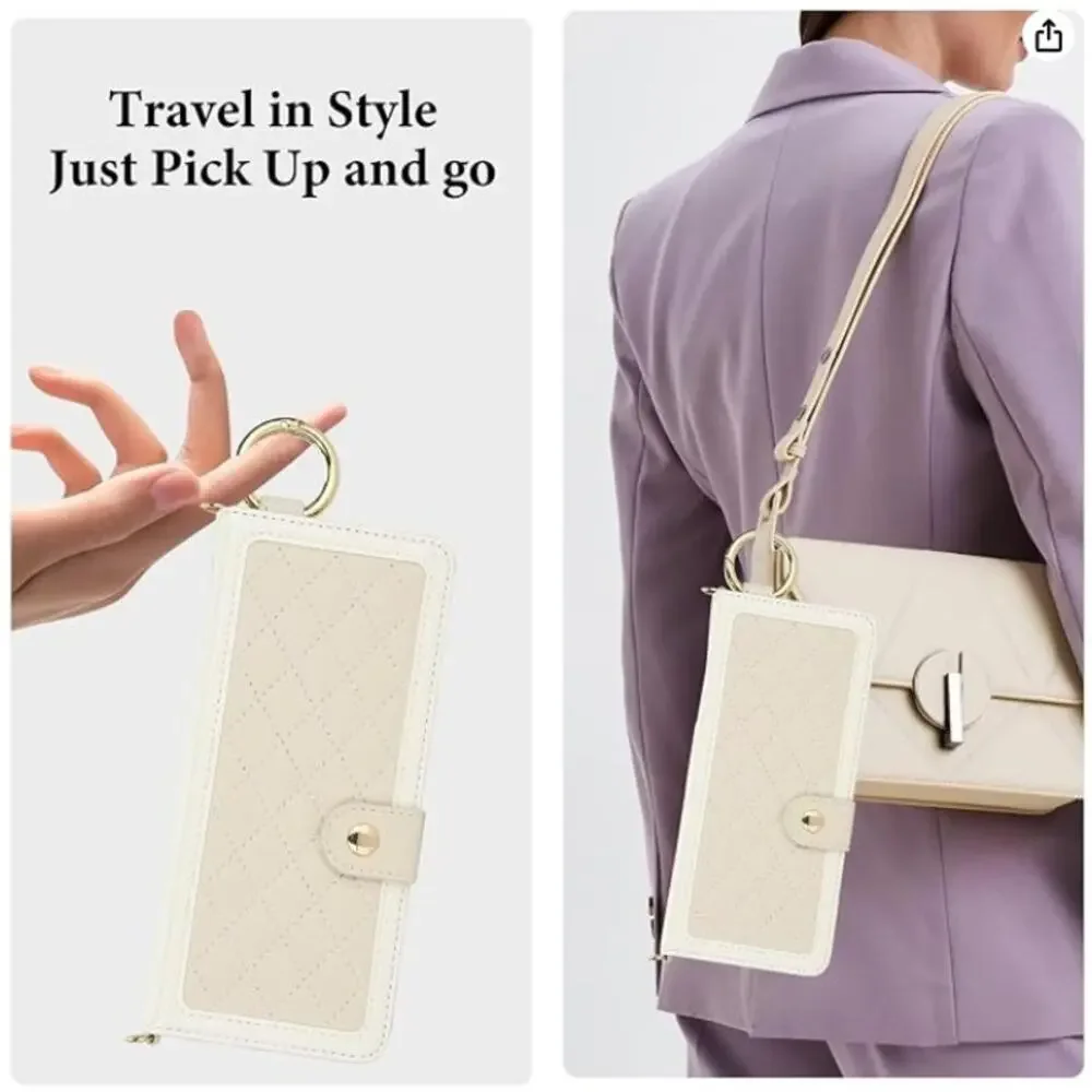 Asuwish Galaxy Z Fold 7 Crossbody Wallet Case RFID S Pen Holder Card Slots Beige
